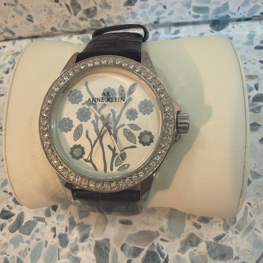 Anne Klein Floral Dial Watch Crystal Bezel Black Leather Strap